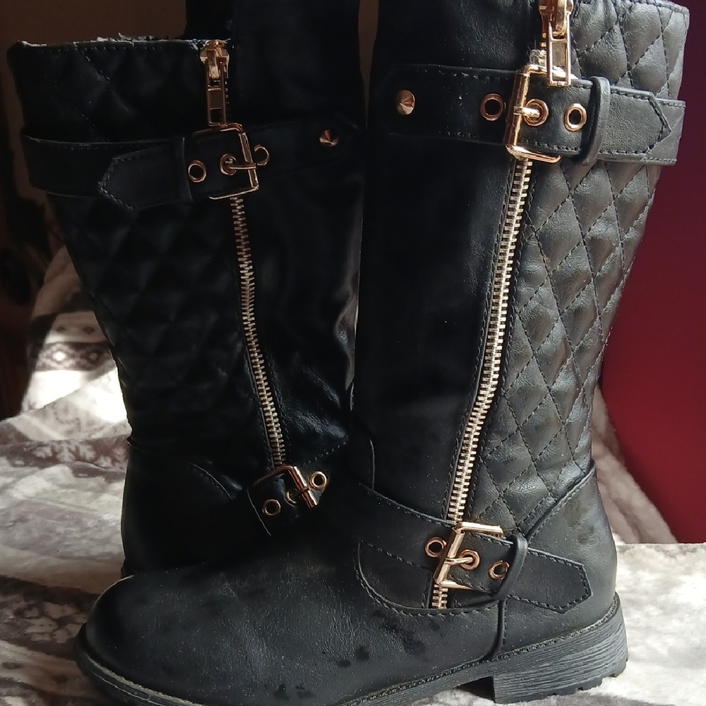 Link Black Quilted Boots with Gold Accents